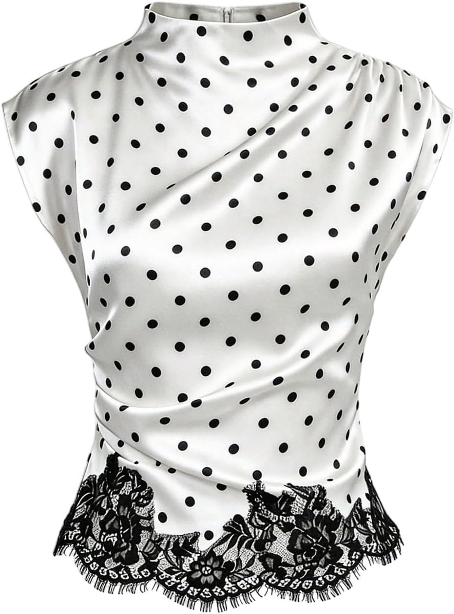 Floerns Women's Lace Trim Polka Dots Satin Blouses Cap Sleeve Mock Neck Elegant Business Work Tops