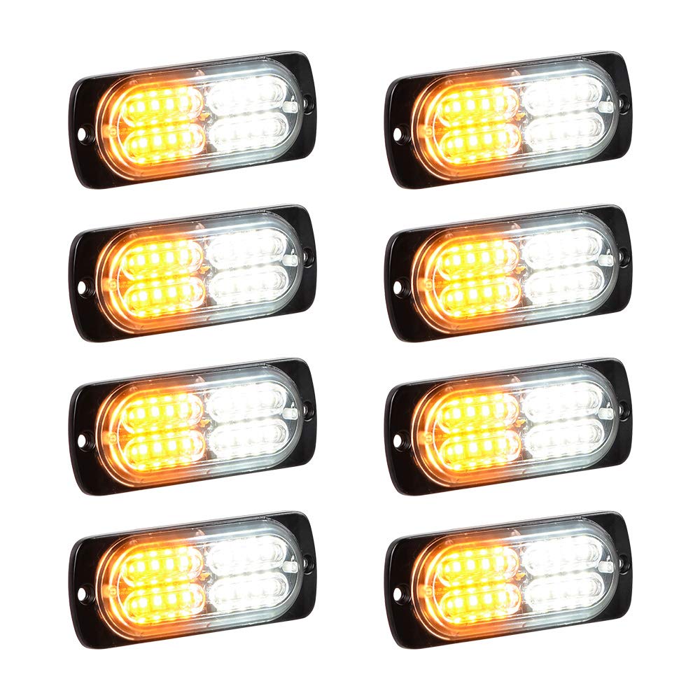 20-LED Caution Emergency Beacon Warning Hazard Flash Strobe Light Compatible with Car POV Construction Tow Truck Van Vehicle (8Pcs, White Amber)