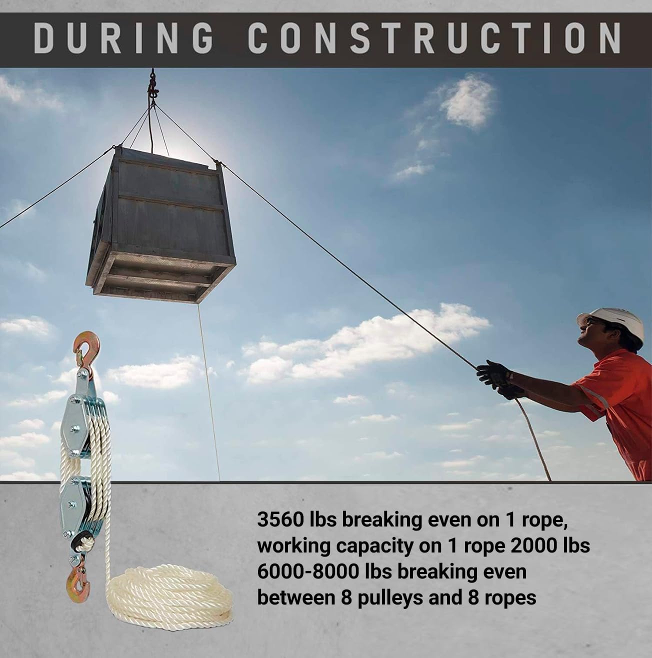 Nylon Rope Hoist Pulley Block, 6000-8000 LB 2 Ton 65 Feet of 3/8 “, 7:1 Lifting Power, Pulley Hoist for Lift Furniture, Motorcycles, Bicycles