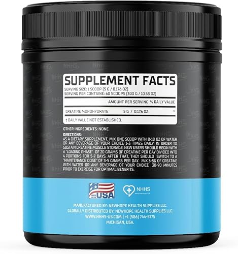 Miniatura 7 de Monohidrato de creatina micronizada  Apoya la fuerza y el rendimiento muscular  Ultra puro, sin sabor, 60 porciones, 10.58 oz  Fabricado en Estados