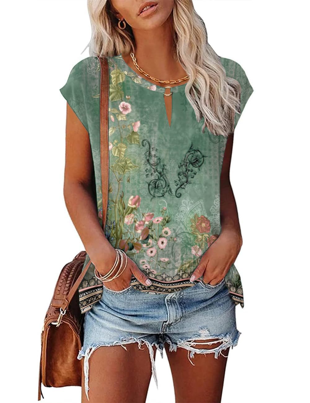 Tanmolo Damen T-Shirt Oberteile Top Sommer mit Flügelärmeln & Metallring-V-Ausschnitt Elegant Casual Shirt Bluse für Freizeit und Alltag