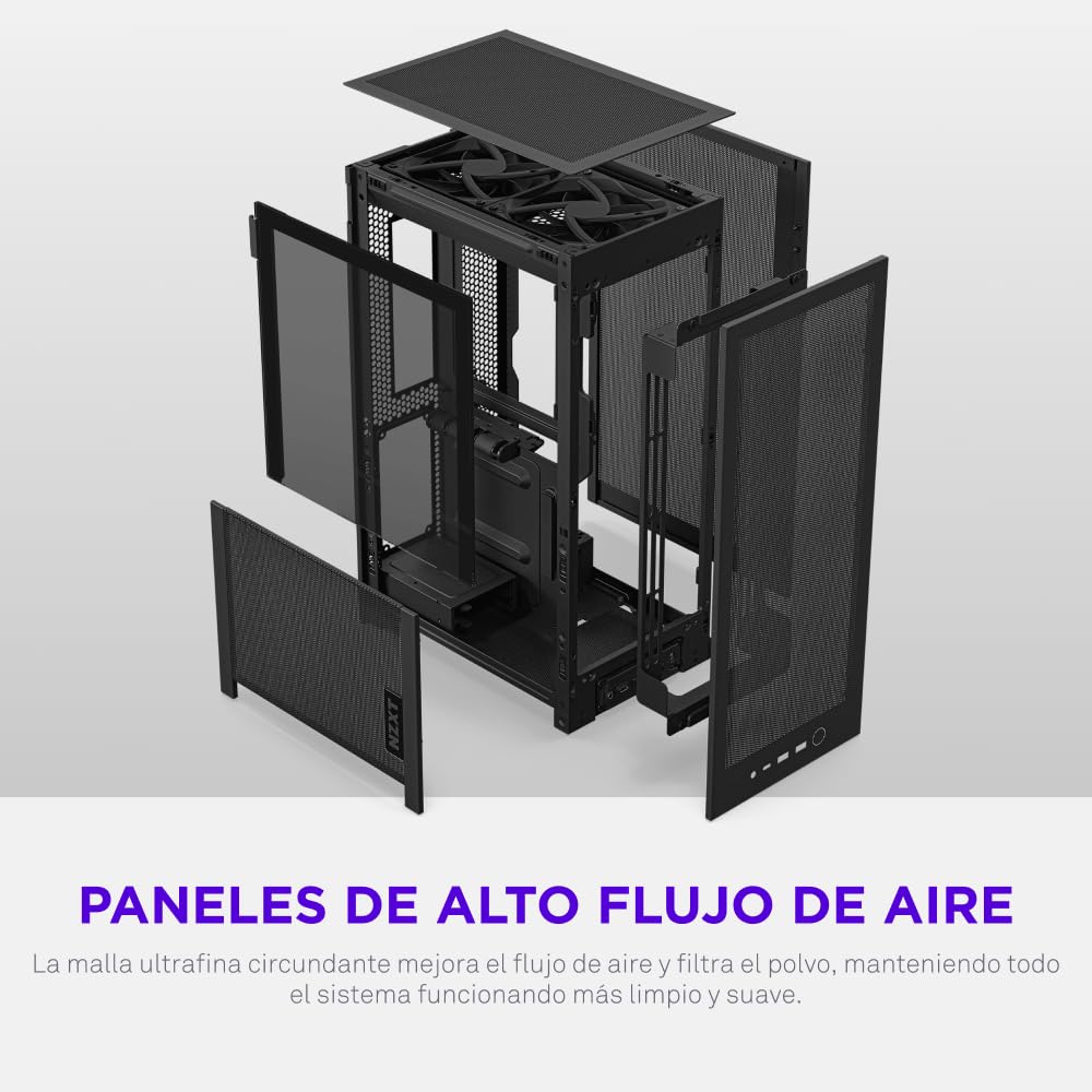 NZXT H2 Flow – Caja para PC Mini-ITX de 20,7 L con Alto Flujo de Aire – Incluye 2 Ventiladores Superiores de 120 mm y Cable Elevador PCIe 5.0 – GPU de 331 mm – Radiador de 280 mm – Negro