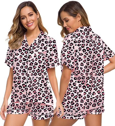 Image of SWOMOG Womens Silk Satin Pajamas Set Short Sleeve Sleepwear Button Down Top and Shorts Loungewear 2 Piece Pjs Set XS-3XL