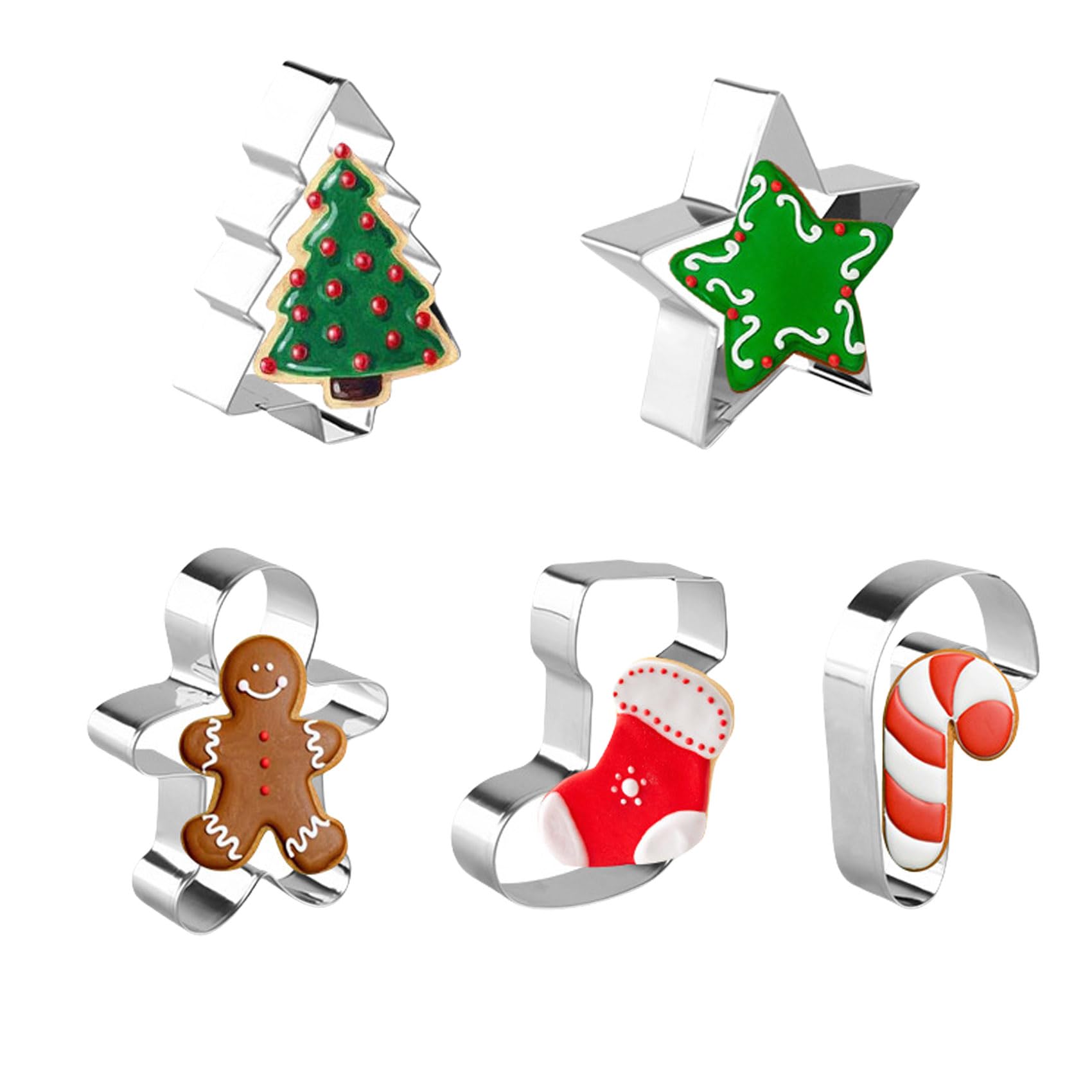 Christmas Cookie Cutter Set, 5 Stainless Steel Shapes: Gingerbread Man, Tree, Snowflake, Sock & Candy Cane