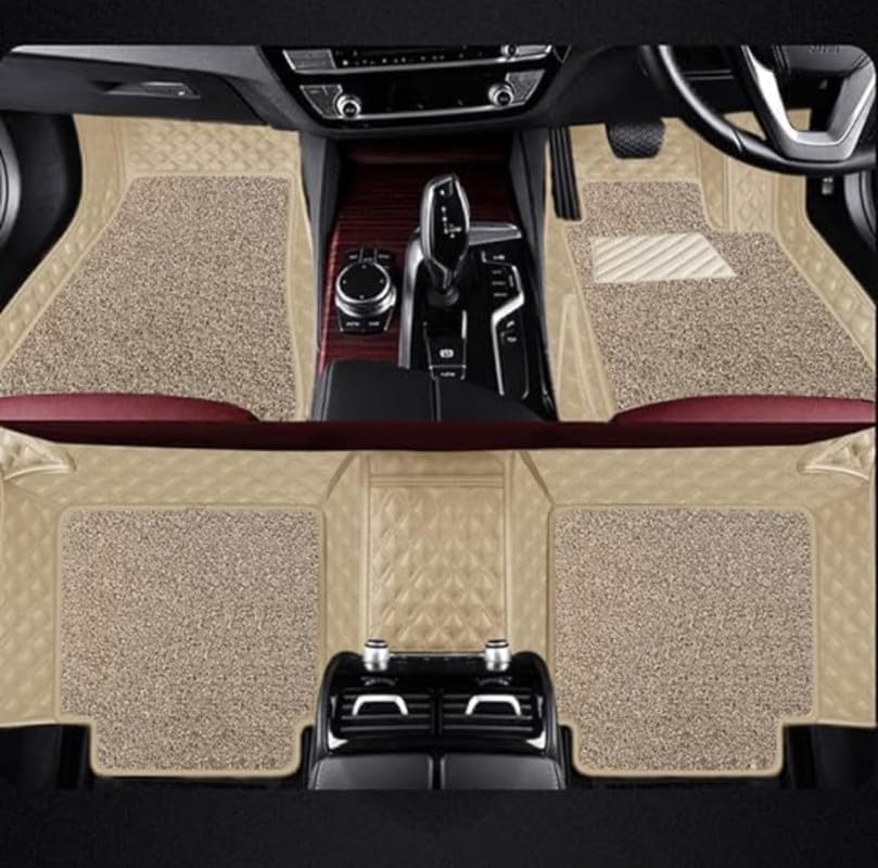 Premium 7D Car Floor Mat Full Set for Hyundai Santa Fe 2012-2013 | Luxury Leather with Grass Mat | Double Layered Stitched | Waterproof & Washable | Custom Fit | Beige Beige
