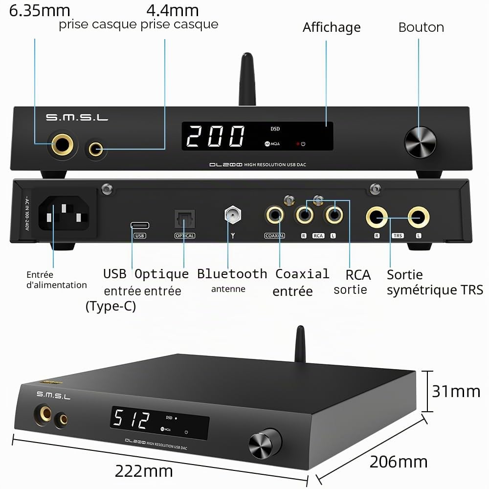 S.M.S.L DL200 Audio Headphone Amplifier ES9039Q2M Chip High-End MQA XMOS PCM768kHz/32bit DSD512 USB/Optical/Coaxial/Bluetooth Input THD+N 0.00006% with Remote Control