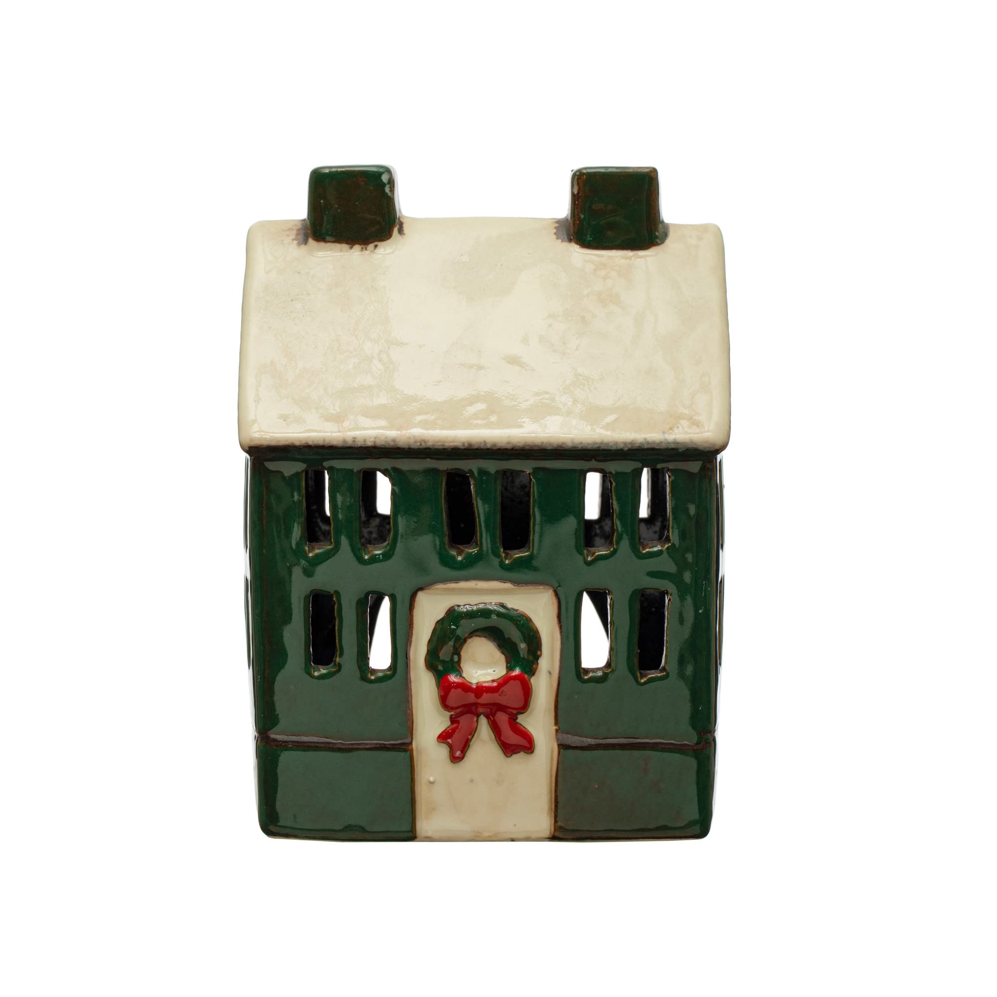 Creative Co-Op 4' L x 3-1/4'W x 5-1/2'H Hand-Painted Stoneware House, Reactive Glaze, Green, Cream Color & Red (Each One Will Vary)