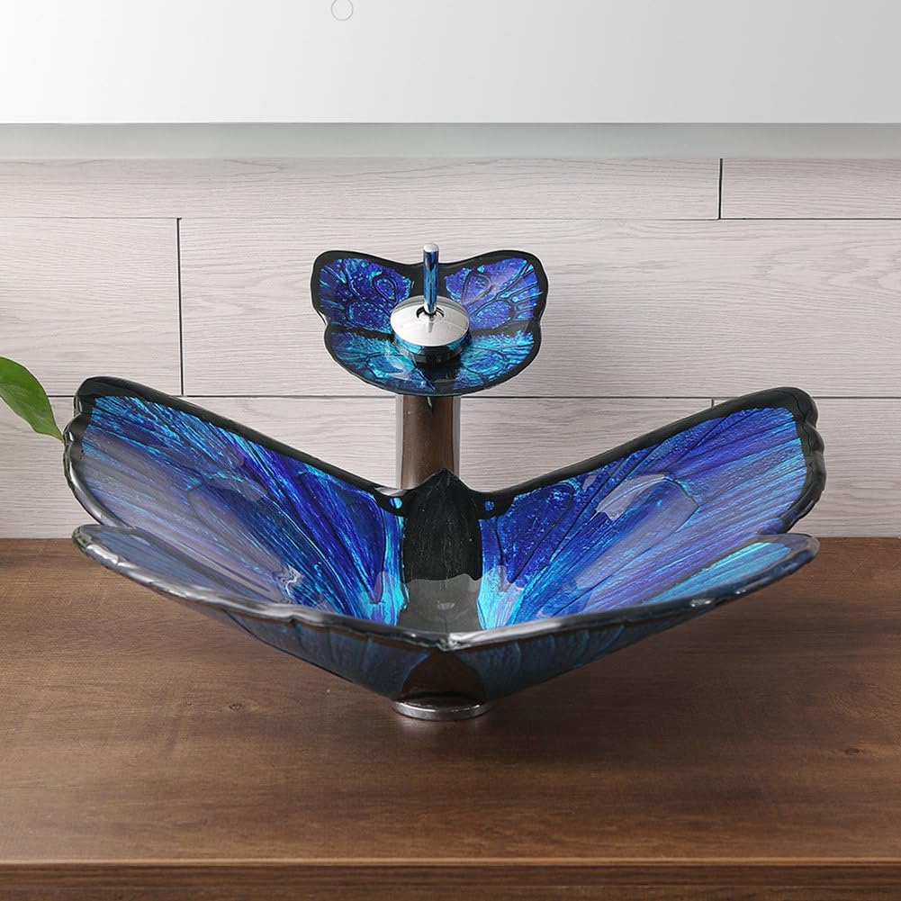 Tempered Glass Bathroom Sink Butterfly Shape Vessel Sink and Waterfall Faucet Combo – Above Counter Artistic Wash Basin with Pop Up Drain Set,Blue