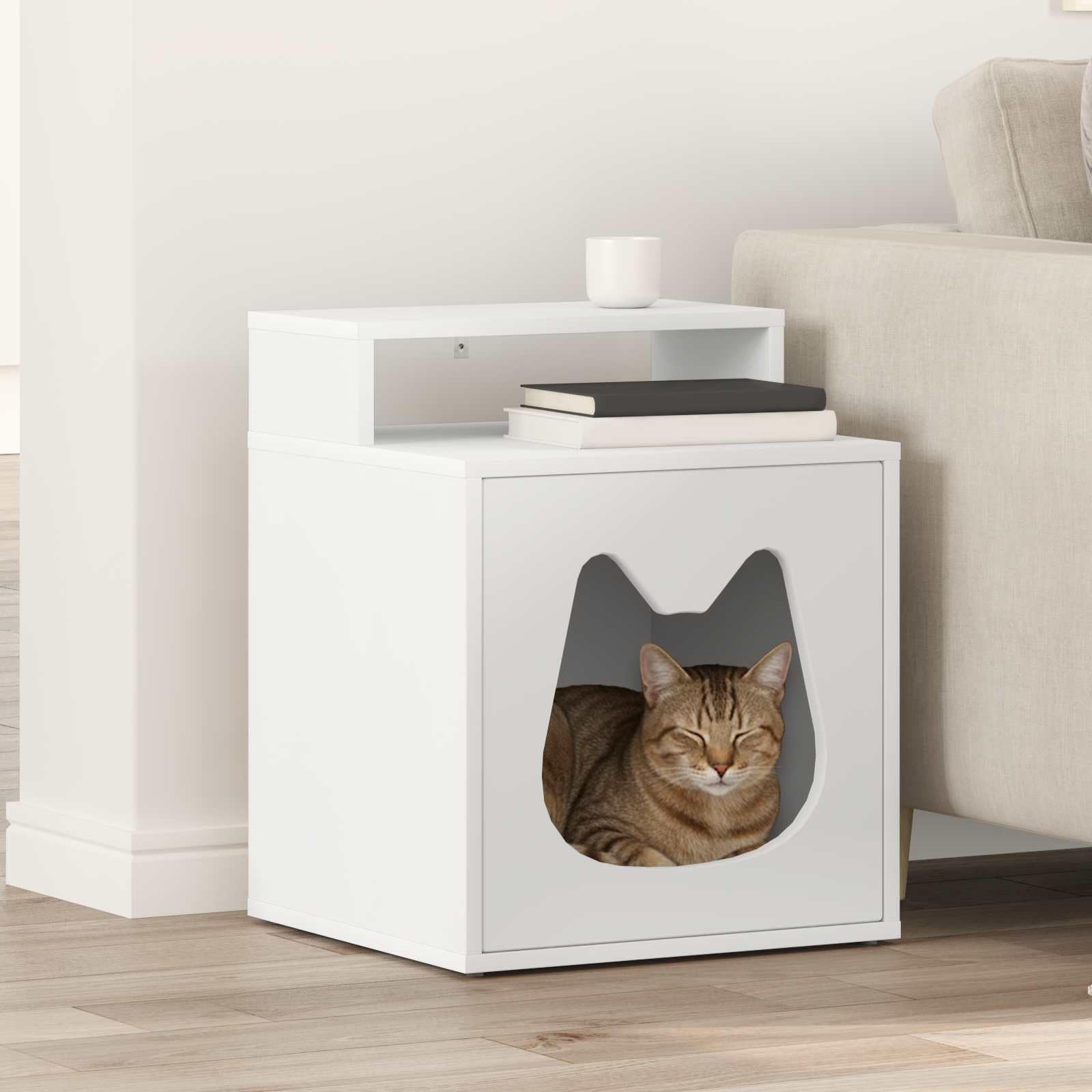Moderna casa para gatos de madera, color blanco, 42,5 x 40 x 53,5 cm, con accesorios de montaje, elegante escondite de refugio y acogedor lugar de descanso para mascotas