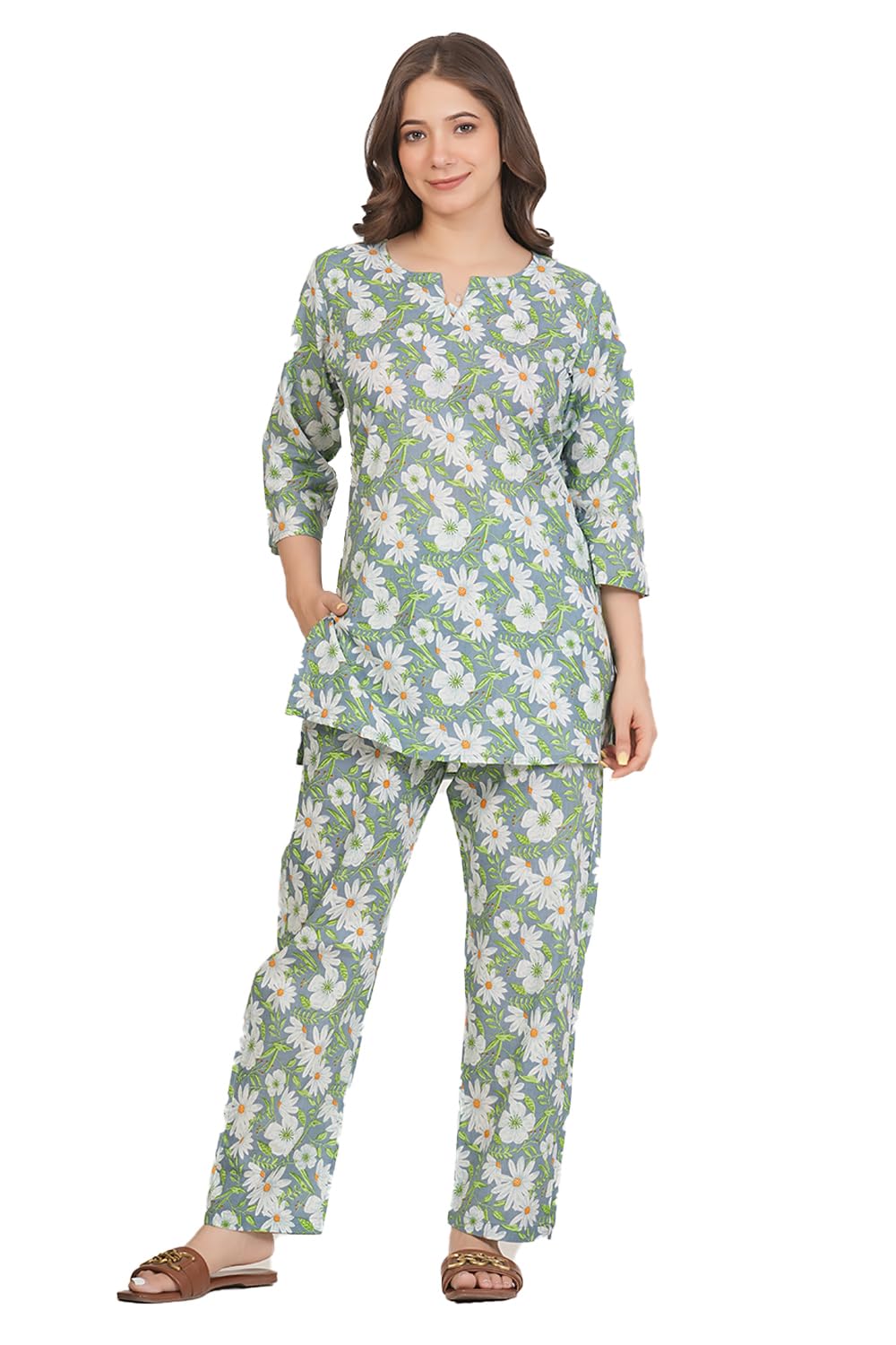 Brand Women's Cotton 2'pcs Night Suit Top and Pyjama Set Pista Green-image-9