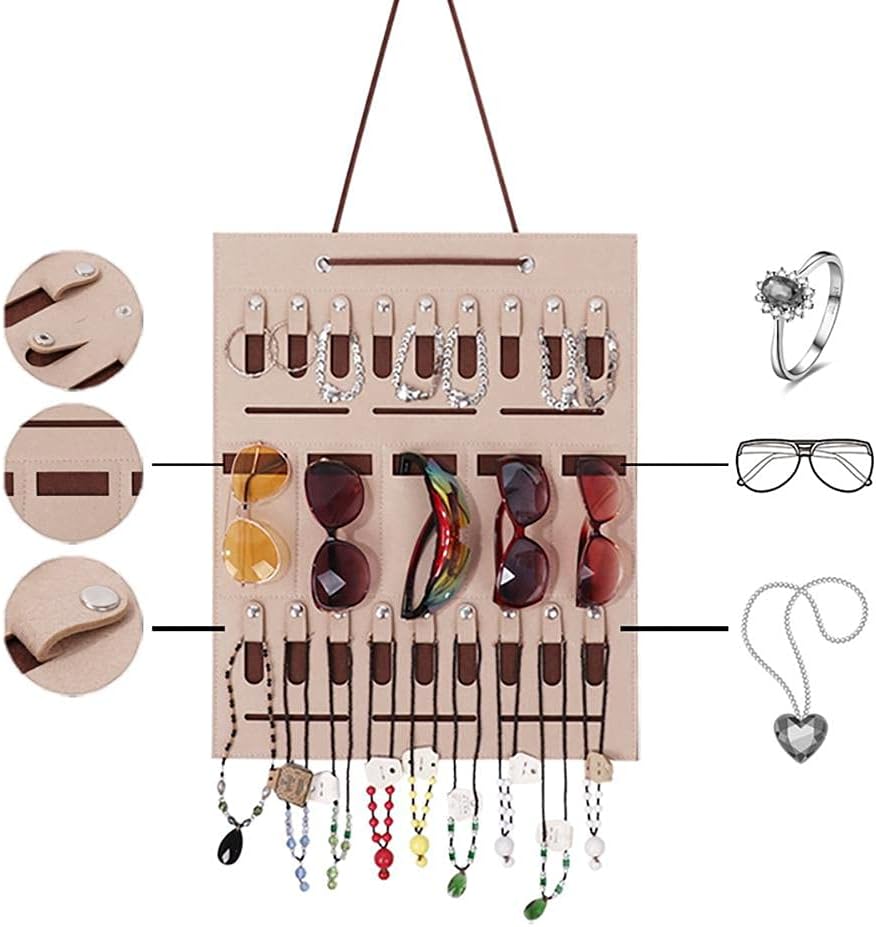 Hanging Jewelry Holder for Organizing Sunglasses Necklaces Earrings and Hair Accessories - 15.7" X 19.7" Durable Felt Fabric for Bedrooms (Brown)
