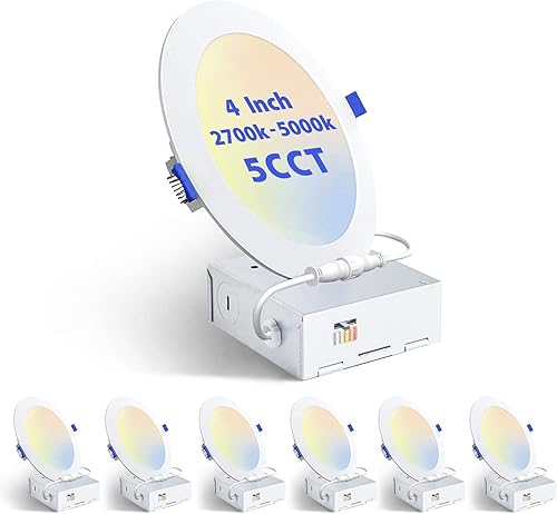 Foxlux Iluminación empotrada Luz de techo empotrada LED seleccionable de 6 pulgadas, 12 W, 5 CCT, luz empotrada ultrafina regulable con caja J,