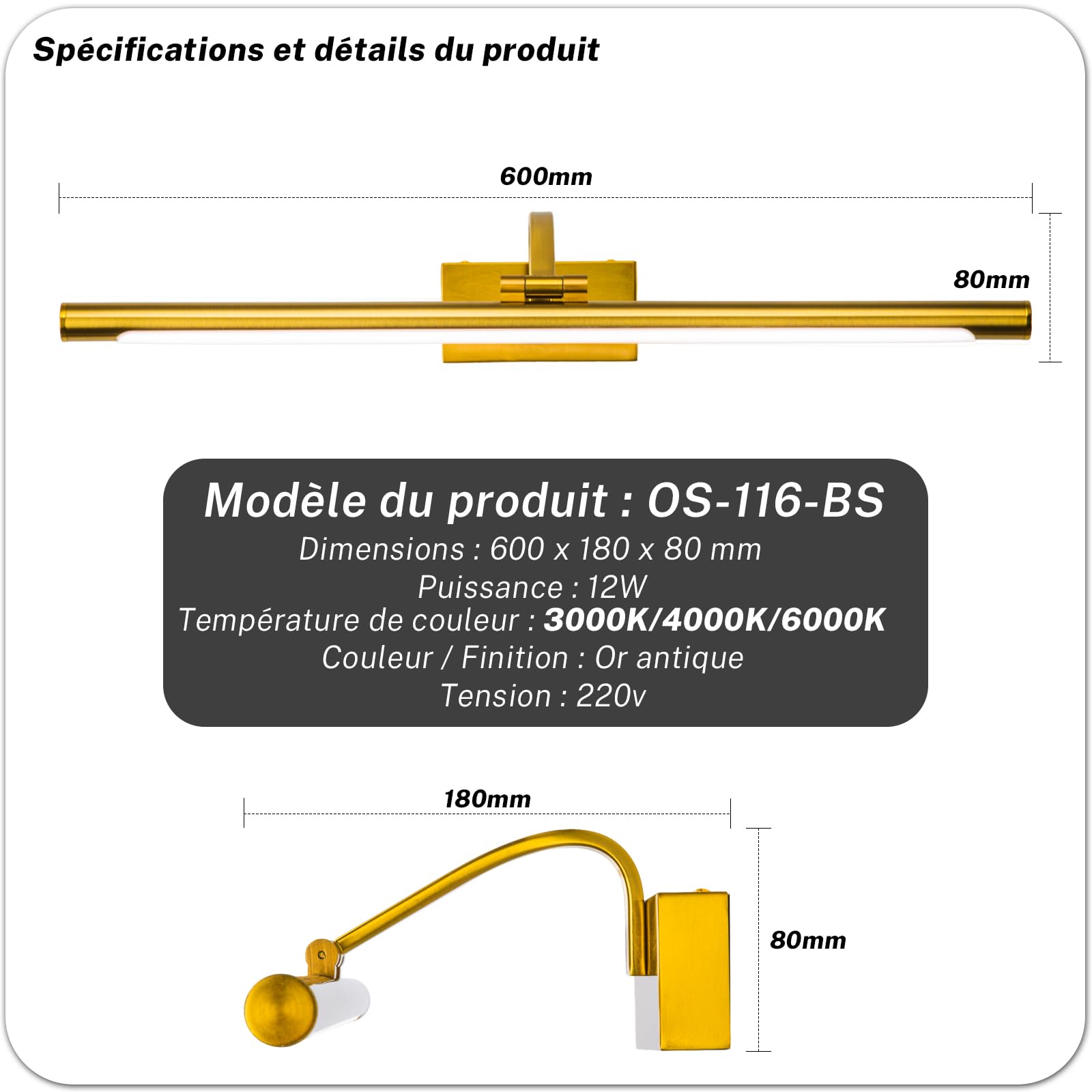 Lampe Miroir Salle de Bain 60cm, 3 températures de couleur Applique Murale LED Luminaire en Laiton 12W 630LM, IP44 Lumiere Moderne pour Rasage et Maquillage