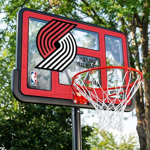 Image of Lifetime NBA Portland Trail Blazers Portable Basketball Hoop, Adjustable Height 7.5-10 Ft, 44 Inch Shatterproof Fusion Backboard, Base with Wheels