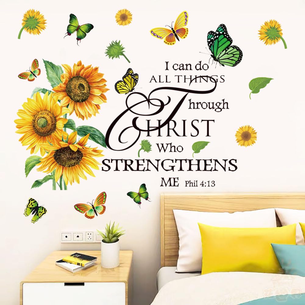 Adhesivo de pared con diseño de girasol, mariposa, motivacional, positivo, decoración de pared, citas inspiradoras, decoración de pared cristiana, calcomanías de pared para sala de estar o dormitorio.