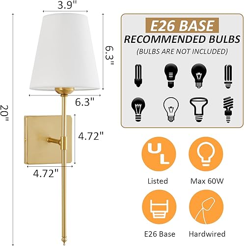 Miniatura 6 de Juego de 2 apliques de pared de tela blanca, lámparas de pared industriales retro cableadas, apliques de tocador de baño, lámparas de pared para