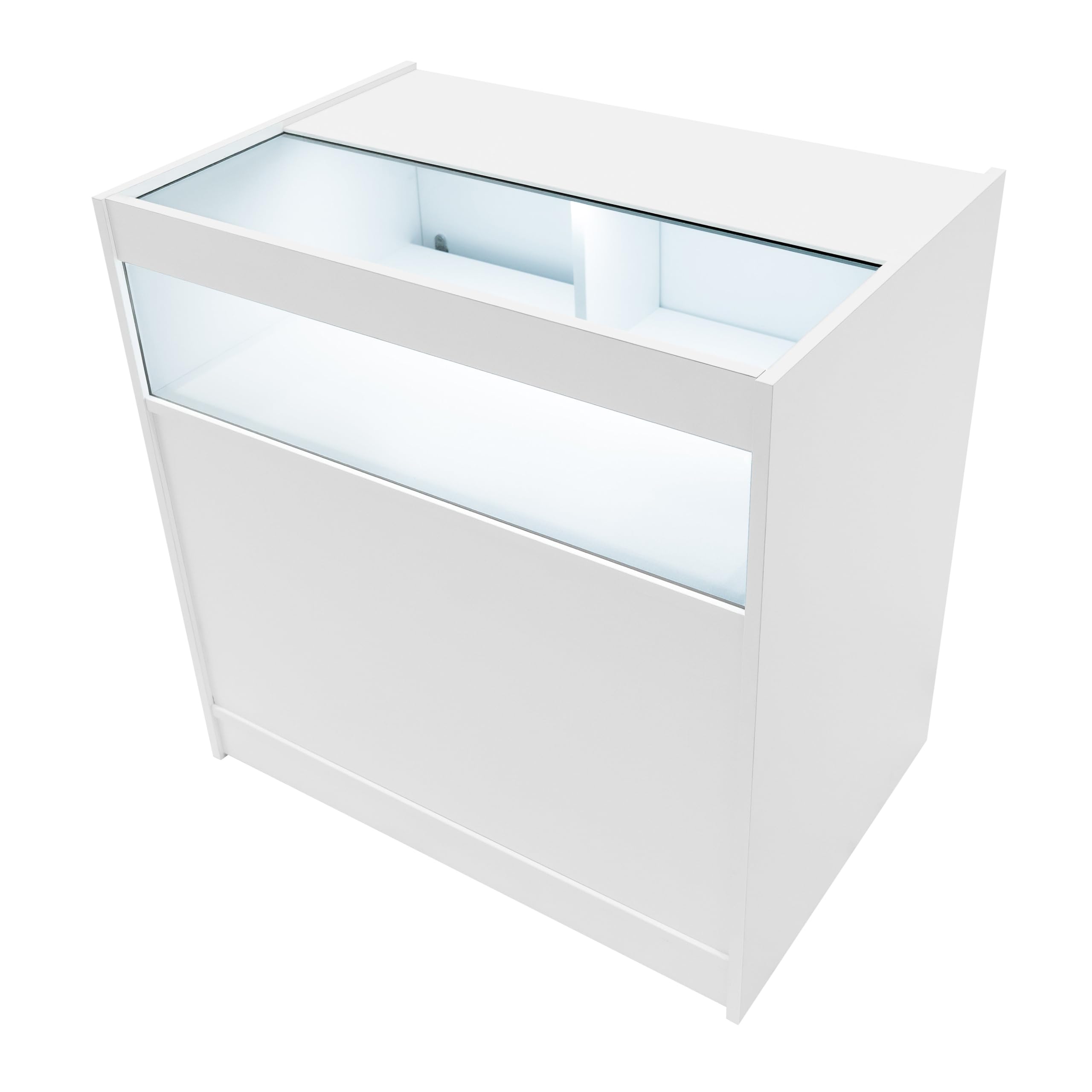 Set Banconi Bianco LED Sagittarius B900 LM60 TB60 Vetrine con Serratura Ante Scorrevoli Chiavi Ripiani Negozio Abbigliamento Gioielli Cassa Angolo Espositore Vetro Illuminazione