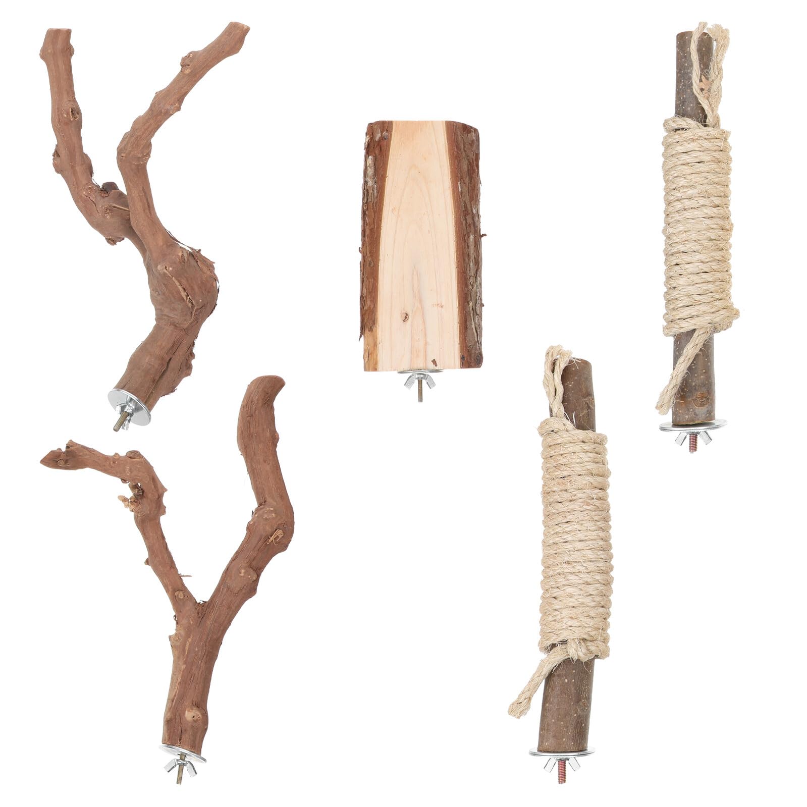 Set di 5 Posatoi in Legno per Gabbia Pappagalli con Corda | Struttura Stabile, per Arrampicata e Gioco, Accessori Incluso, Uso in Home Cages
