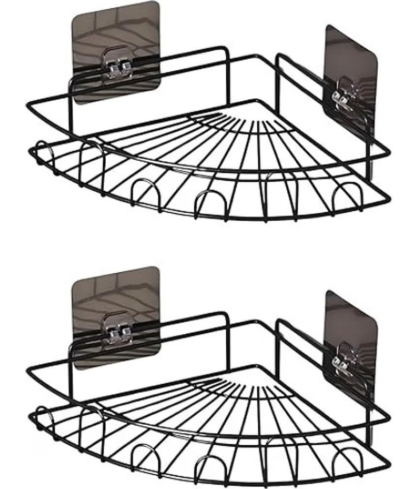 2 PCS Flower Type Bathroom Corner Shelf Organizer, Wall Mount Storage Rack, Black Metal with Self-Adhesive Mounting, Flower Shape Design, 30cm, Pack of 2-image-12