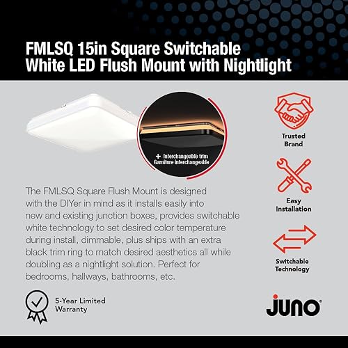 Miniatura 2 de Juno FMLSQ SWW5 90CRI WBT NL M4 - Lámpara de techo LED empotrada de 15 pulgadas, cuadrada, 15 pulgadas