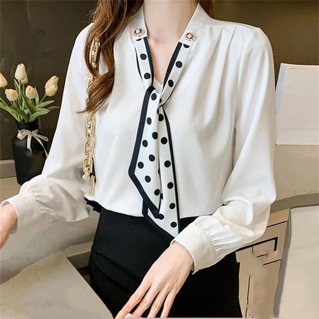 Camicetta da donna bianca con scollo a V, a maniche lunghe, in chiffon, per lavoro, ufficio, lavoro