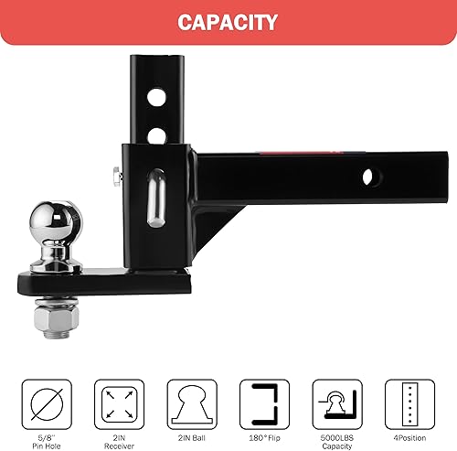 Miniatura 2 de OPENROAD Soporte de bola de enganche de remolque ajustable para receptor de 2 pulgadas bola de 2 pulgadas 6000 libras caída de 6 14 pulgadas