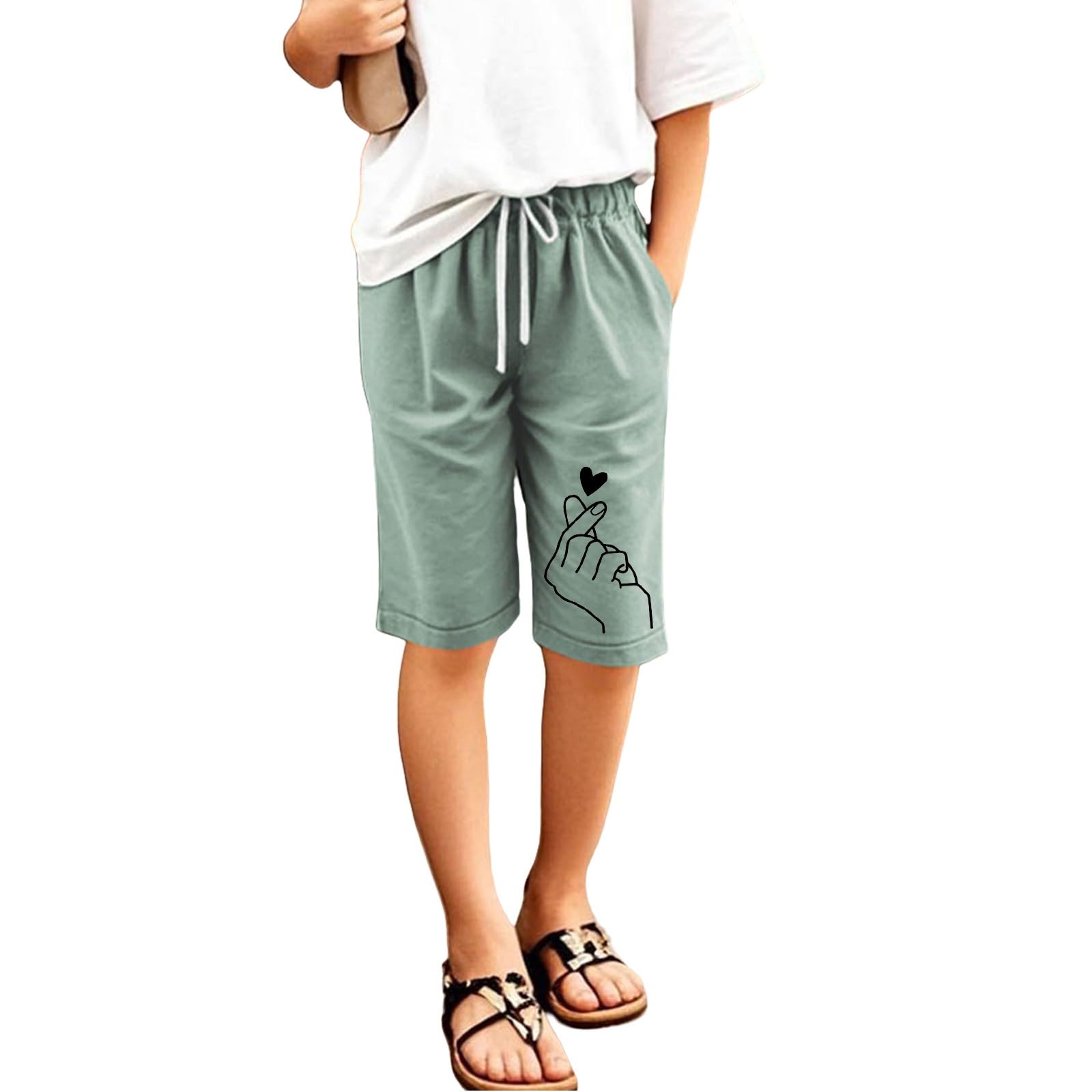 Generisch Leinenhose Kurze Mädchen Leicht Shorts Sommer Freizeit Hose Baumwolle Leinen Strandshorts Elastische Taille Sommerhose Elegant Einfarbig Stoffhose mit Taschen Sweatshorts