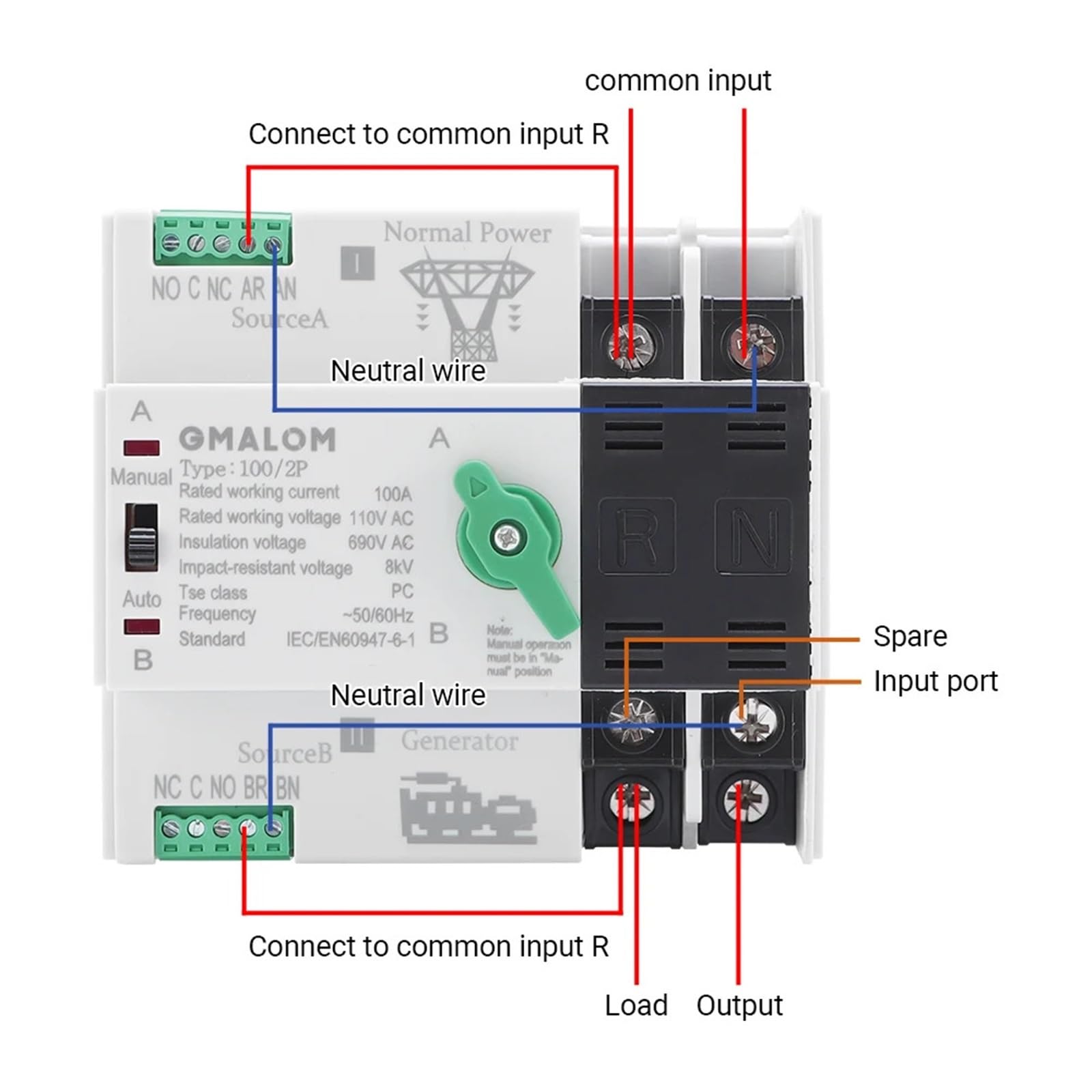Interruttore di trasferimento automatico a doppia alimentazione Rail 2P 3P 4P ATS 110 V Interruttori selettori elettrici Alimentazione ininterrotta 63 A 100 A 50/60 Hz