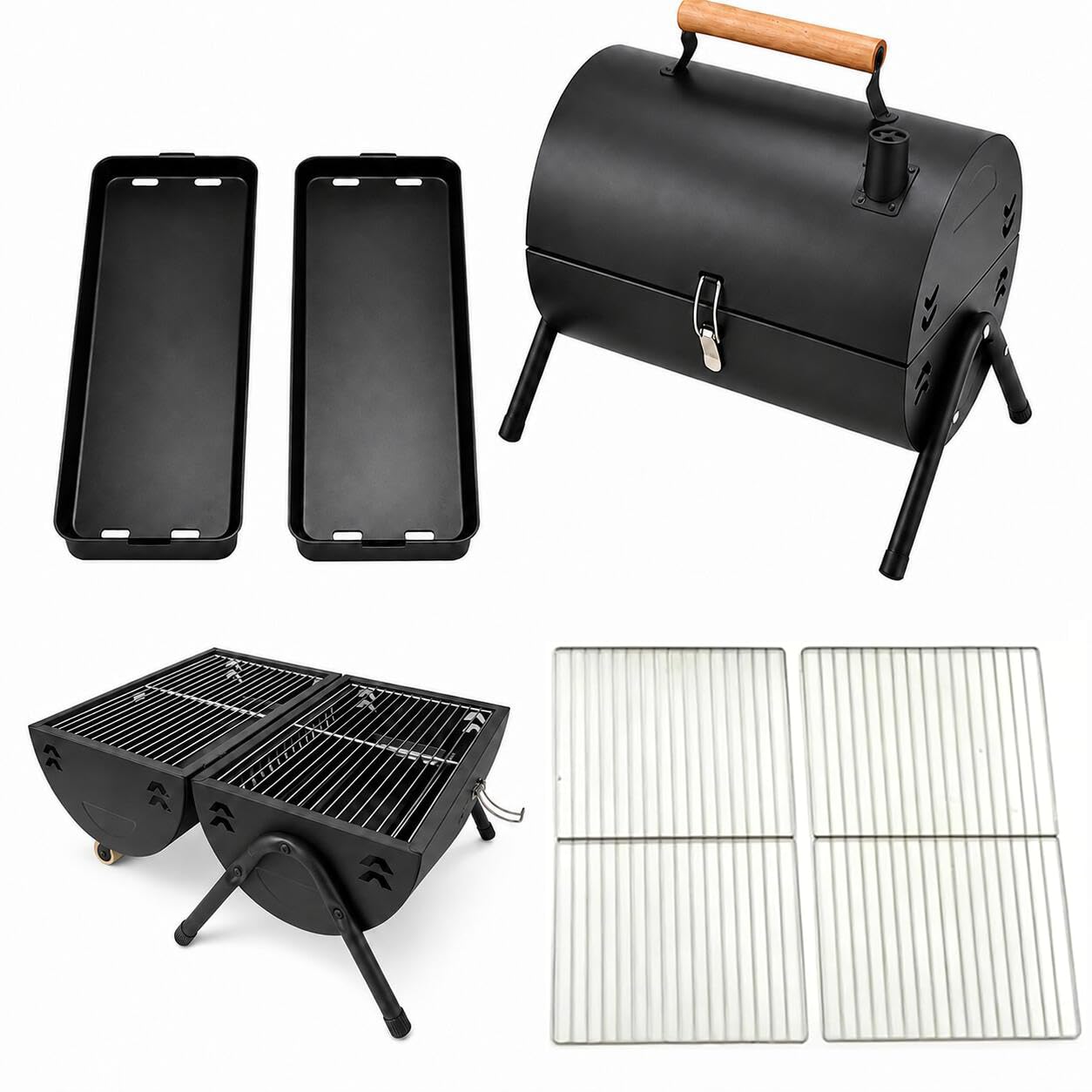 Barbecue charbon de bois portable, fumoir double face avec cheminée, brasero extérieur, 2 grilles et 2 plateaux à charbon, poignée en bois, pour 3-5 personnes, jardin et réunions