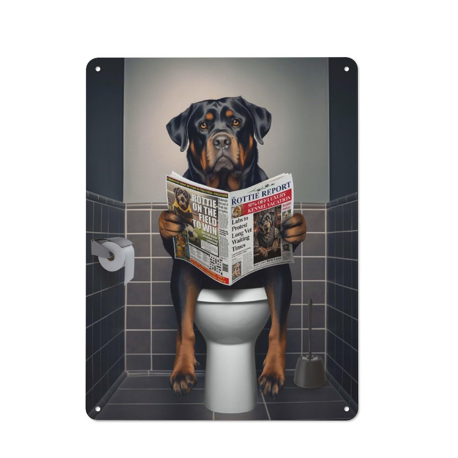 Junmoney Rottweiler On The Toilet Retro-Style Metal Wall Sign 40X30cm For Living Room Wall, Gift Idea At Christmas For Feature Wall Decorators