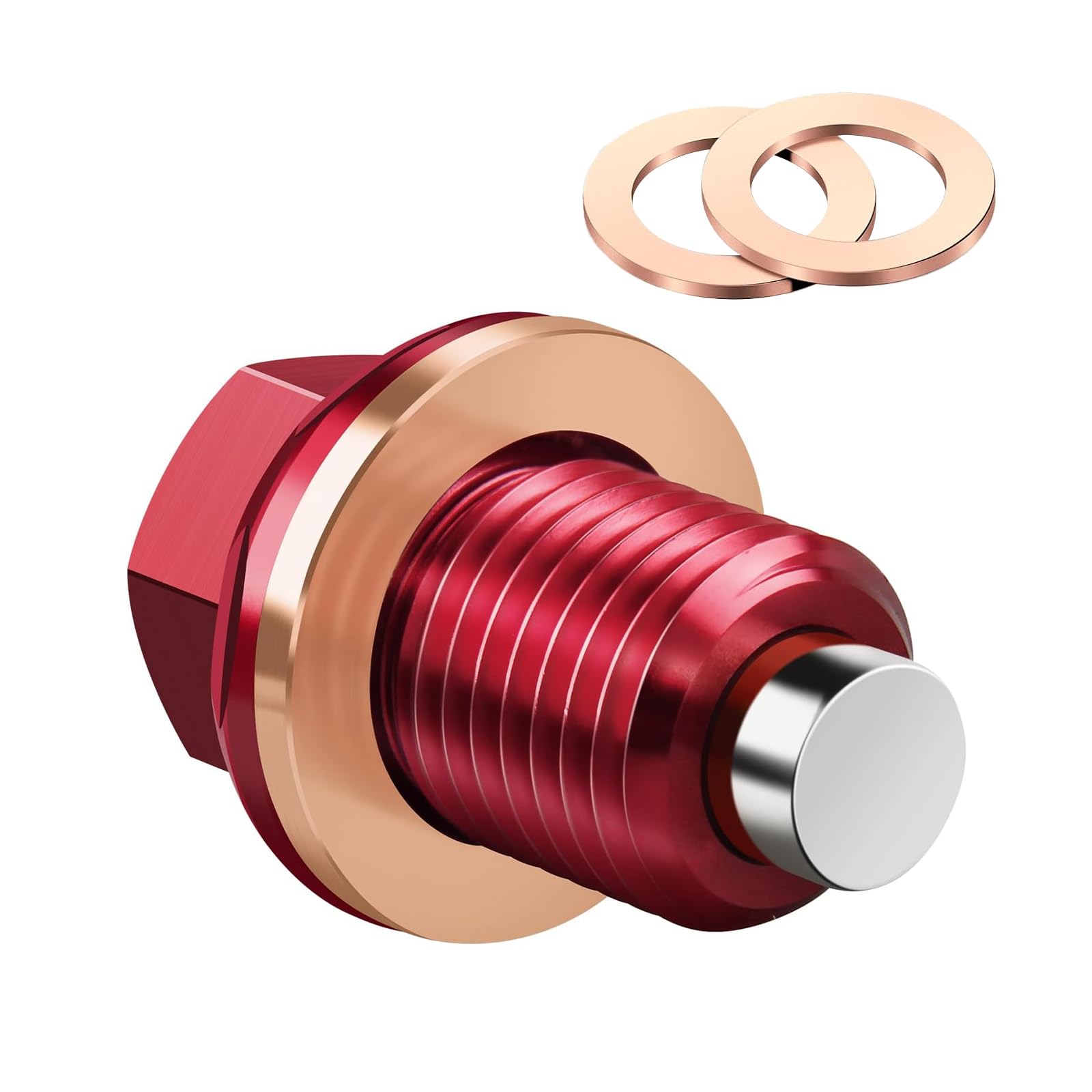 M12 x 1.5 Magnetic Oil Drain Plug, Magnetic Stainless Steel Oil Pan Drain Nut Bolt with Crush Washer Gasket Leak Proof, Universal Drain Plug Replacement for Most Vehicle (Red)