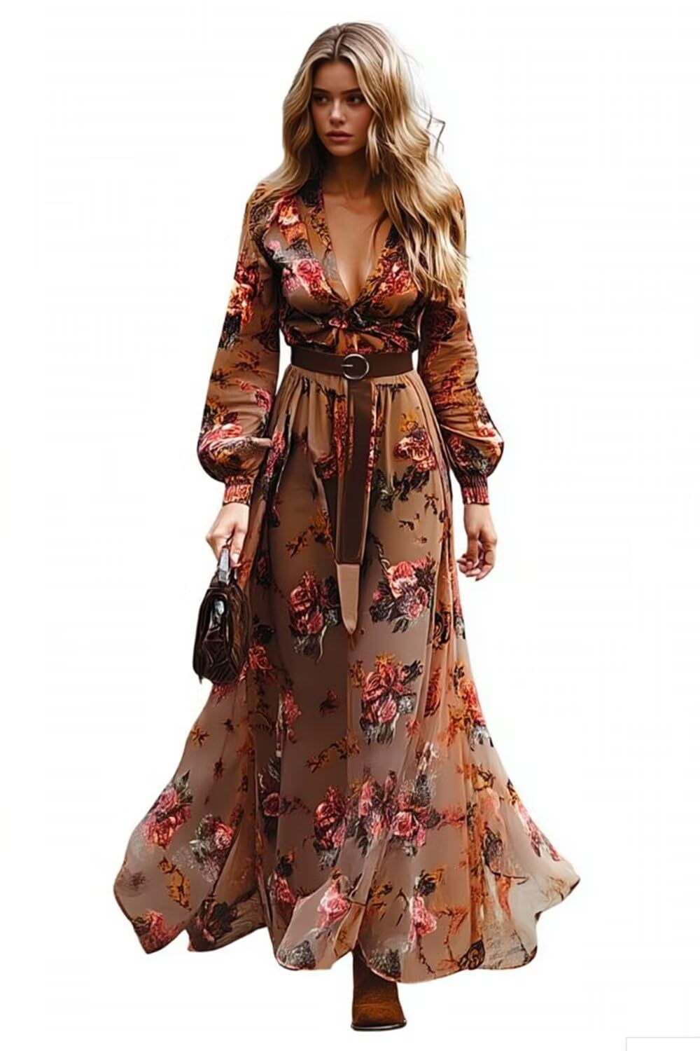 Women's Vintage Pastoral Flower Long Dress Long Sleeve Western Dress Fall Casual Maxi Dresses