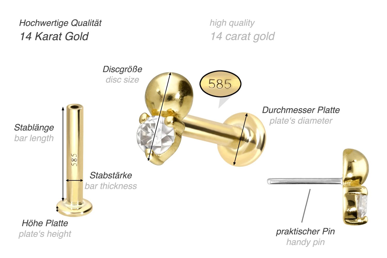 PIERCINGLINE 14 Karat Gold Labret Ohr-Piercing mit Push Fit MOISSANIT+ KUGEL Farb & Größenauswahl