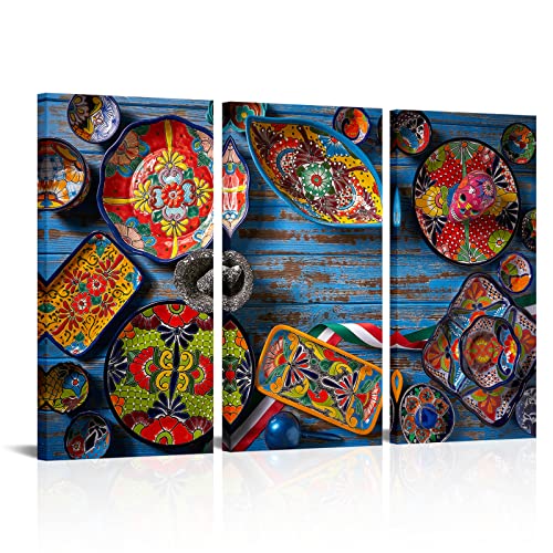 LevvArts Colorful Mexican Wall Art Canvas Vintage Mexico Talavera Pottery Decorative Plate Picture Painting for Home Kitchen Mexican Restuarant Decorations Ready to Hang