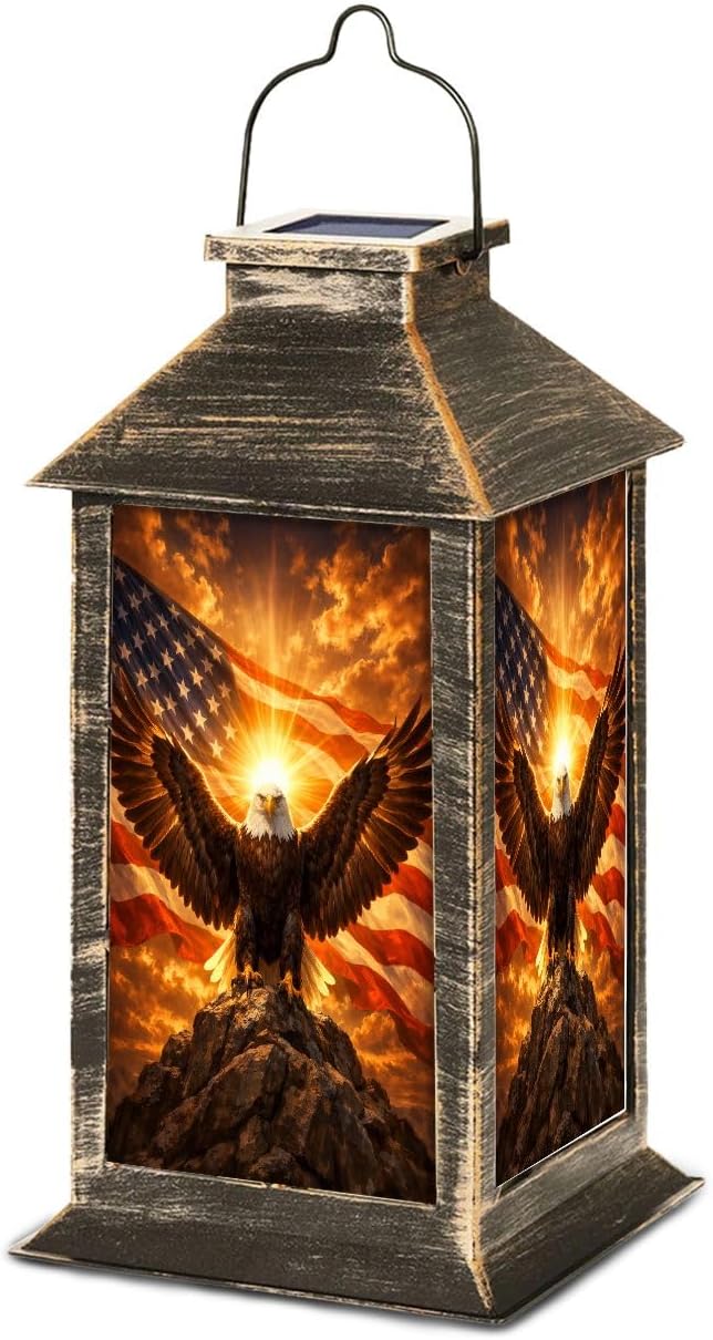 Solar Lantern Majestic Bald Eagle Outstretched Wings Rocky Cliff Glowing Sun Outdoor Waterproof Hanging Solar Light Outside Lights for Patio Yard House Lawn Decor Birthday Gifts for Women Mom