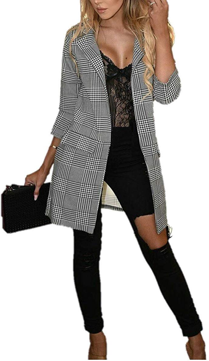 @ Women Check Hounds Tooth Tartan Duster Coat Ladies 3/4 Sleeve Jacket Blazer Top