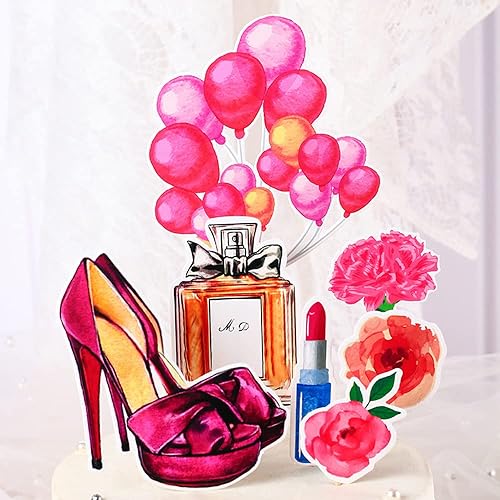 Miniatura 5 de Decoraciones de tacón alto para tartas, globos de feliz cumpleaños, selecciones de perfume, lápiz labial, decoración de pasteles para mujeres de