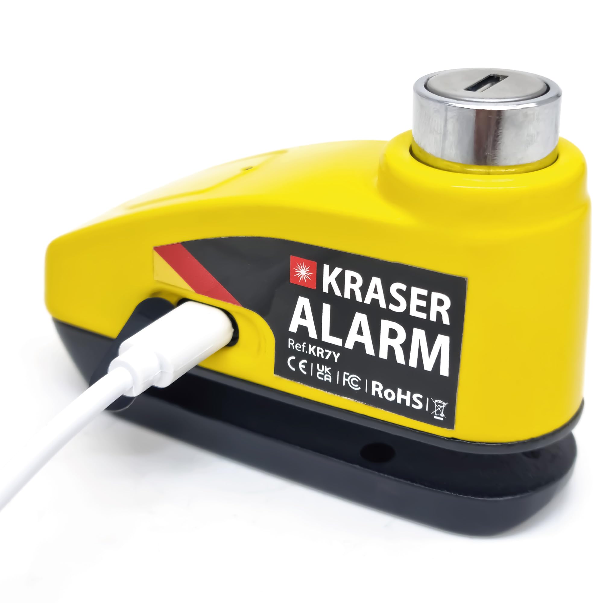 KRASER KR7Y Candado Disco Moto con Alarma 110dB Batería Recargable USB, Sensor de Movimiento, Impermeable Resistente Visible, Antirrobo Cepo Pinza Freno Bloqueo 7mm Universal, Amarillo