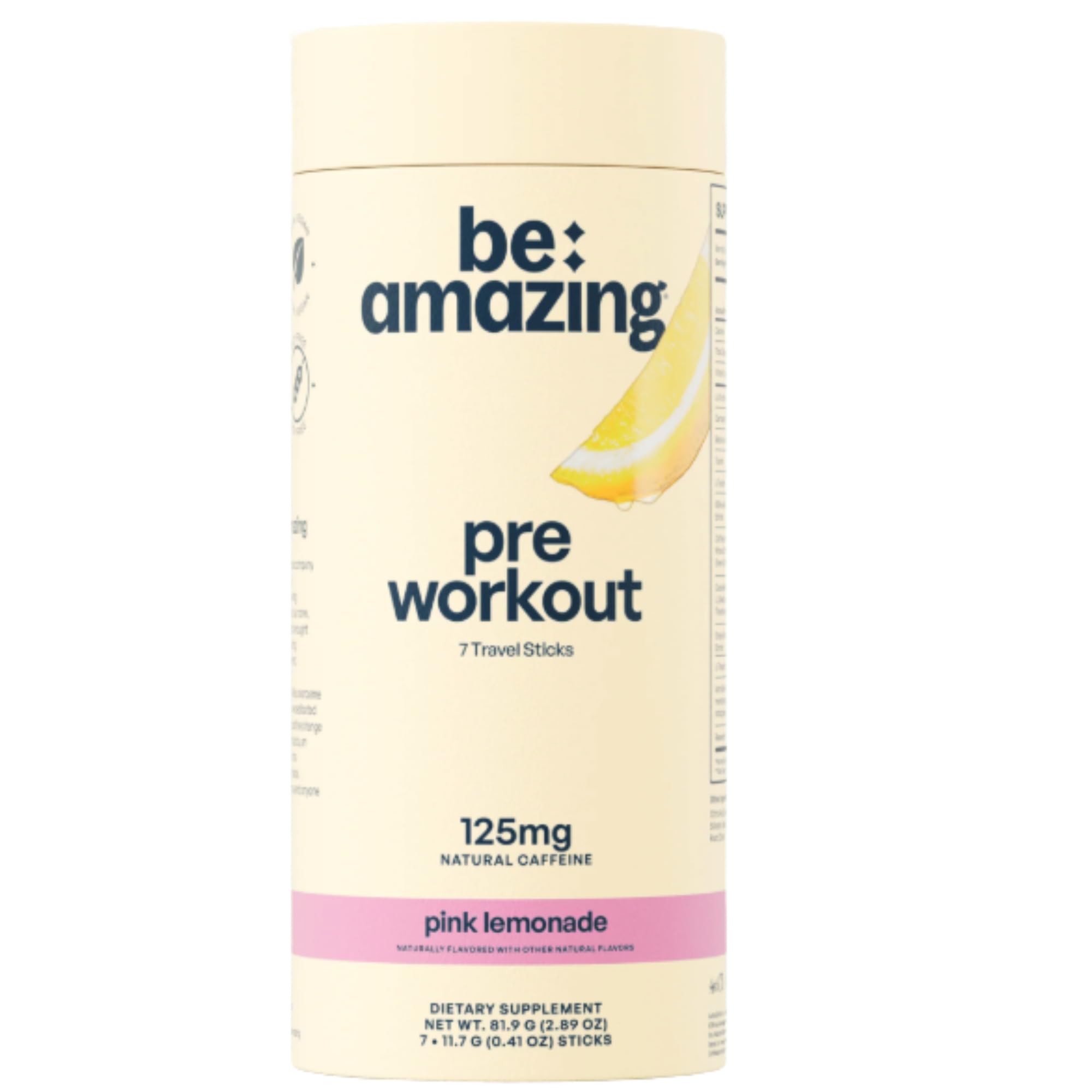 BE AMAZING Pre Workout Powder, Vegan Supplement with 125mg Natural Caffeine, Ashwagandha and Adaptogens, Sugar Free Drink Mix for Men and Women, Gluten Free, Non GMO, Pink Lemonade, 7 Travel Sticks