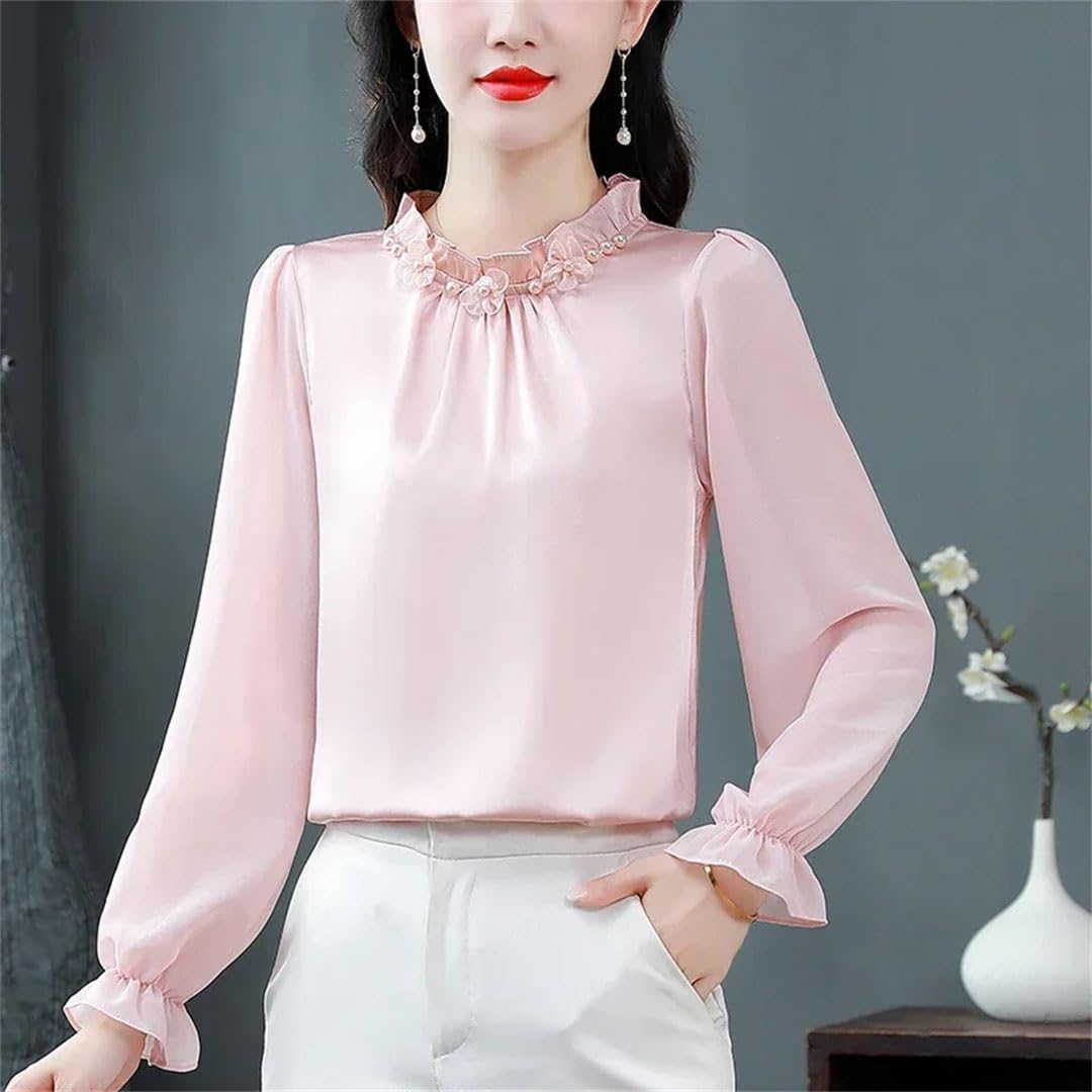Camisas de gasa para mujer, blusas sueltas de color liso, cuello redondo, ropa de mujer de manga larga