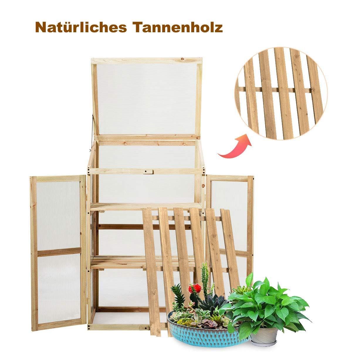 RELAX4LIFE 3-stufiges hölzernes Frühbeet, Anzuchthaus für Blumentöpfe, Gewächshaus mit Polycarbonat-Platten & Deckel, Hochbeet Transparent, 60 x 45 x 100 cm, Treibhaus für Garten & Balkon & Veranda