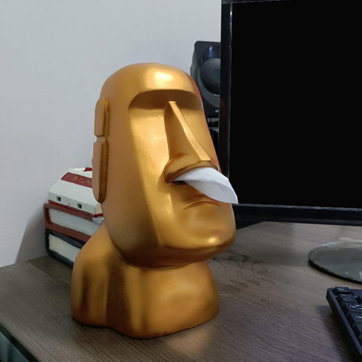 BESTOYARD Boîte à Mouchoirs Statue Moai Décorative Drôle en Résine Dorée Sortie de Papier Narines pour Décoration Intérieure Maison ou Cadeau