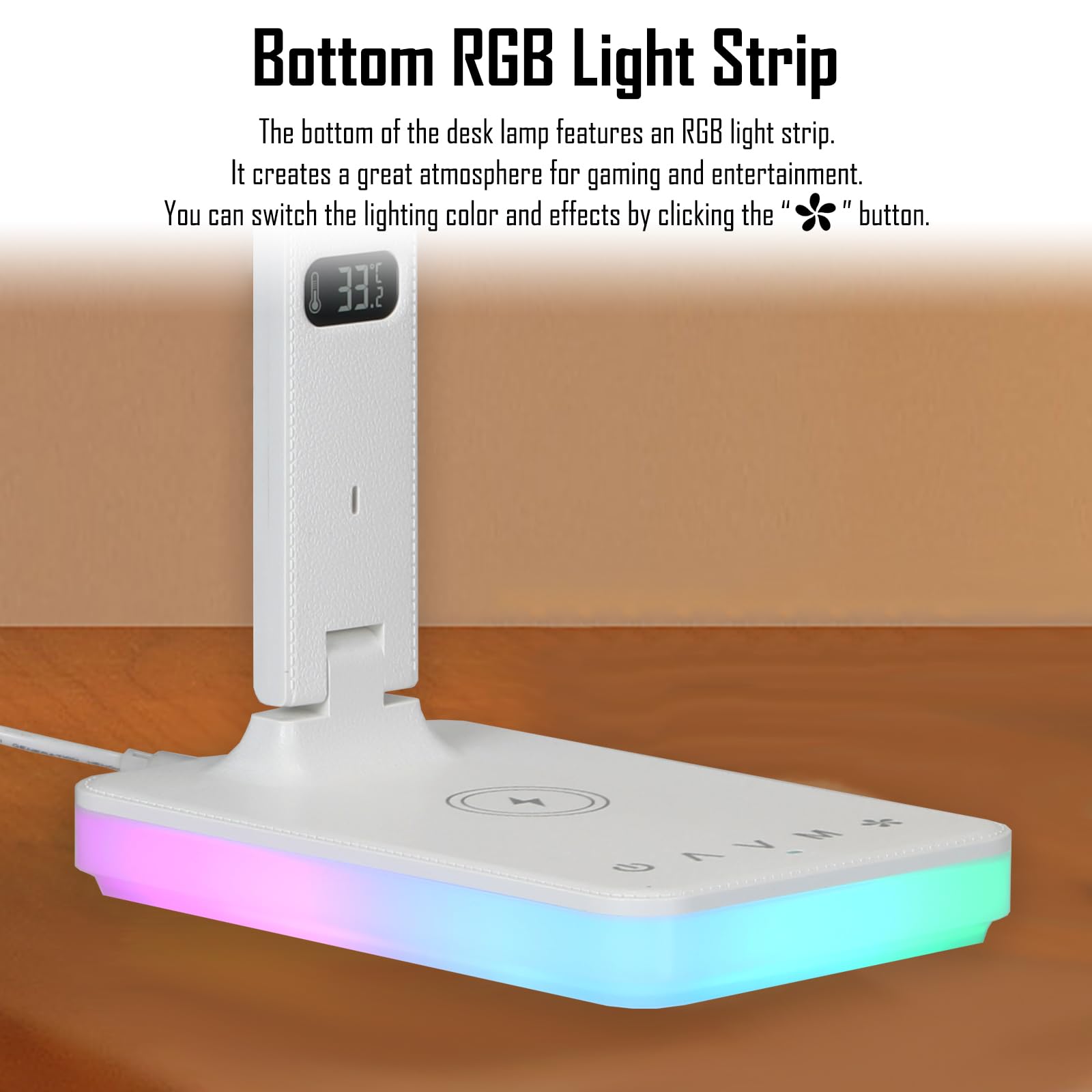 Lampada da tavolo a LED con ricarica wireless e cablata, lampada da tavolo pieghevole, 5 luminosità e 3 modalità di illuminazione, visualizzazione ora e temperatura, luce notturna RGB