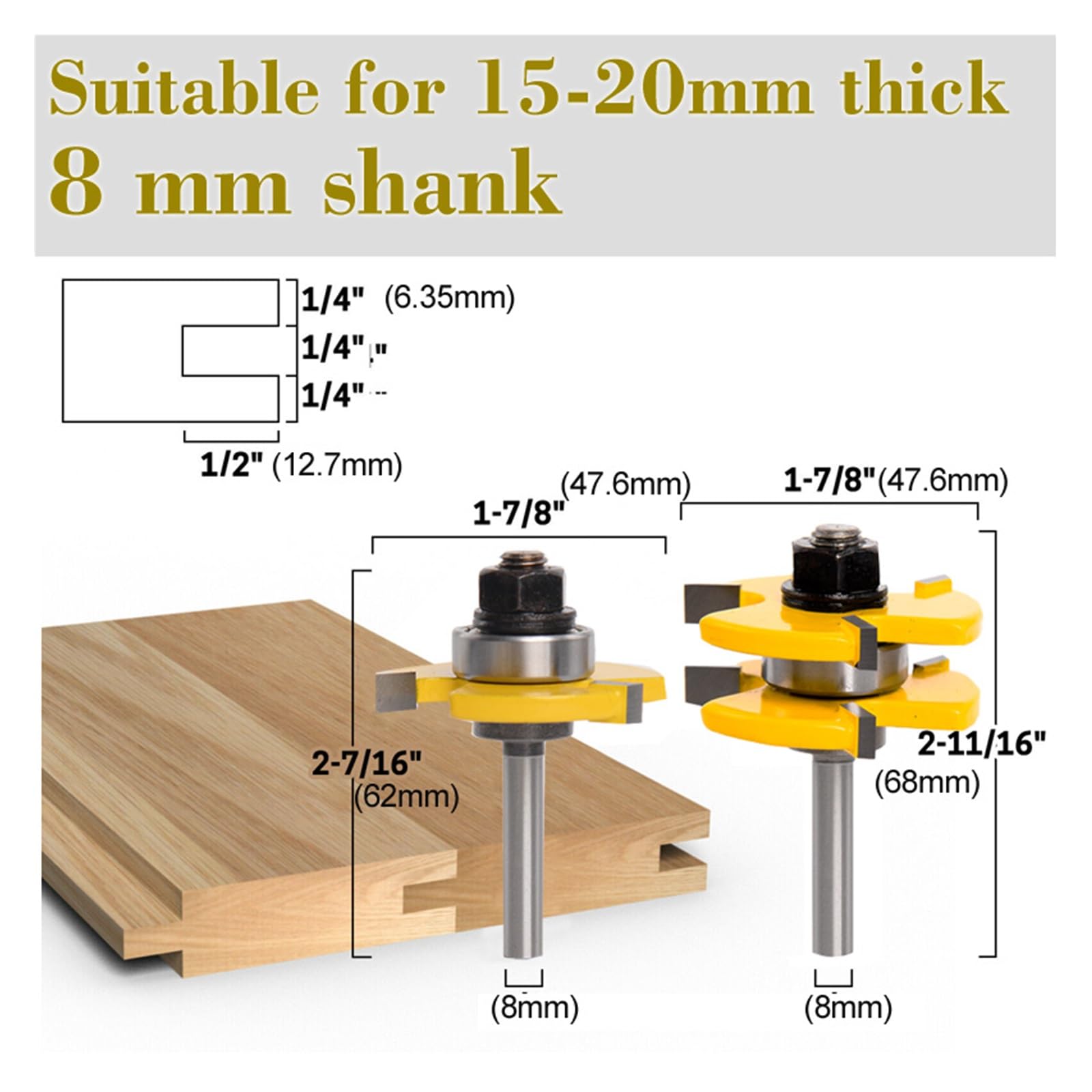 2 sztuk 8mm 1/2 Cal 1/4 Shank Tongue Groove zestaw części do frezowania 3 zęby w kształcie litery T frezy drewna narzędzie podłóg obróbki(15221 8mm)
