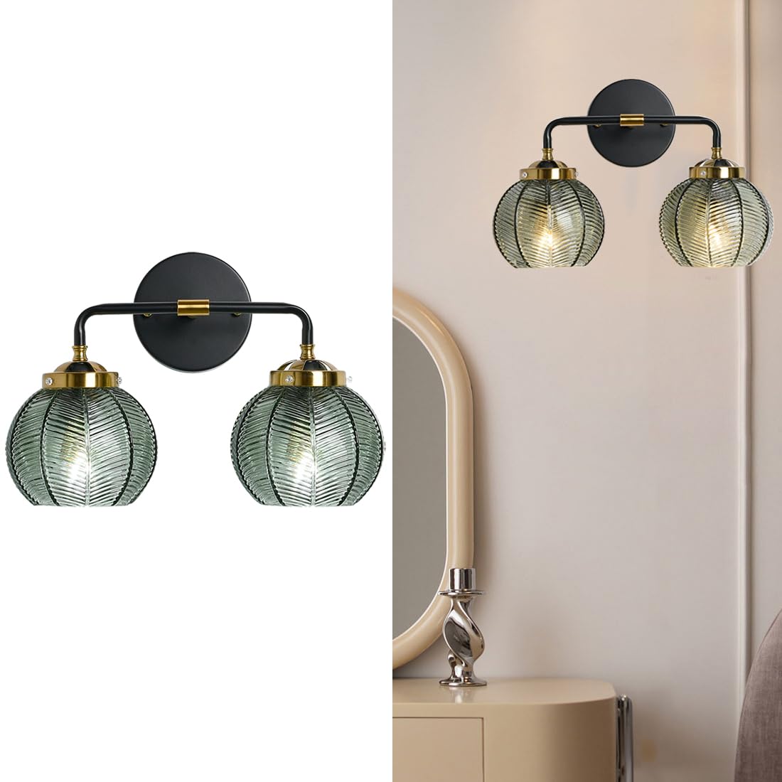 Glass Wall Sconce 2 Light Bathroom Vanity Light Green Globe Wall Lamp with Ribbed Glass Shade Mid Century Modern Wall Sconces Black Gold Vanity Light for Over Mirror Bedroom Hallway