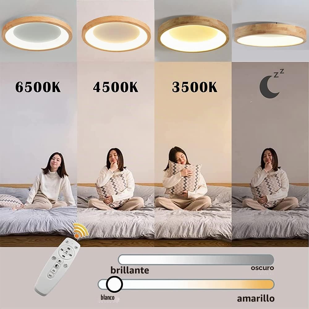 VOMI LED Lámpara de Techo de Madera con Mando a Distancia, 50cm Redonda Plafón LED Regulable 36W Modernos Lampara Infantiles Iluminación de Techo Interior Sala Dormitorio Cocina Comedor Pasillo