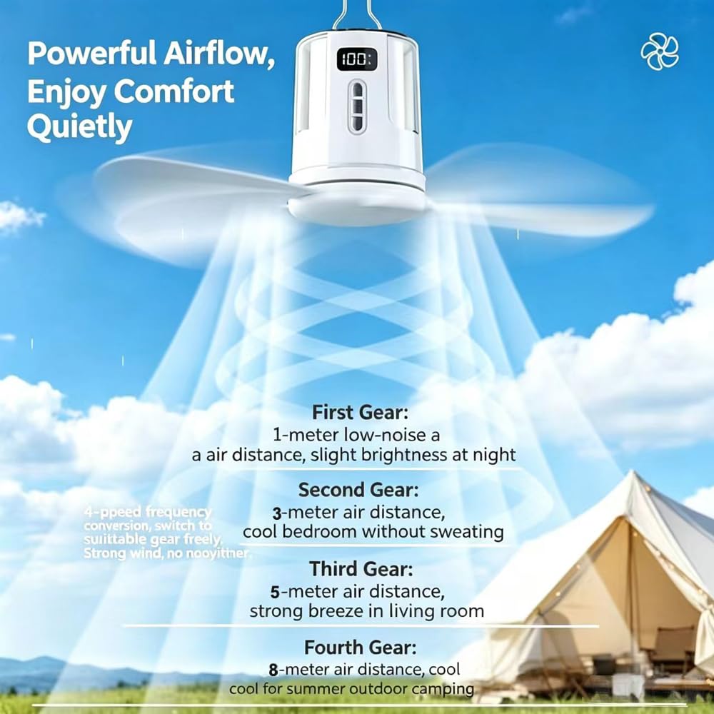 Ventilatore da soffitto con illuminazione da campeggio, ricaricabile, con luce e telecomando, USB, timer, ventilatore portatile, batteria per esterni, gazebo, terrazza