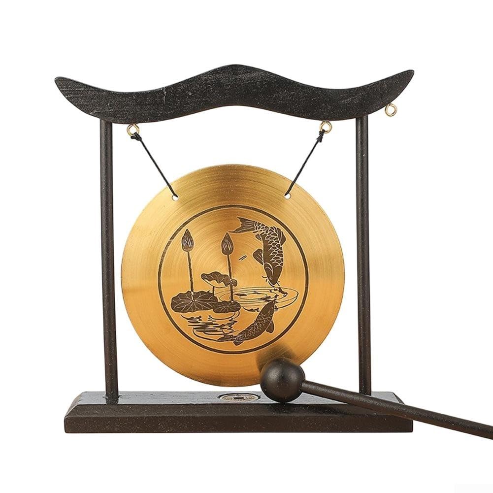 Juego de gong de mesa chino, Gong de latón de percusión, mini gongs de mesa, decoración del hogar con marco de base de madera para decoración del hogar, oficina, adorno decorativo de