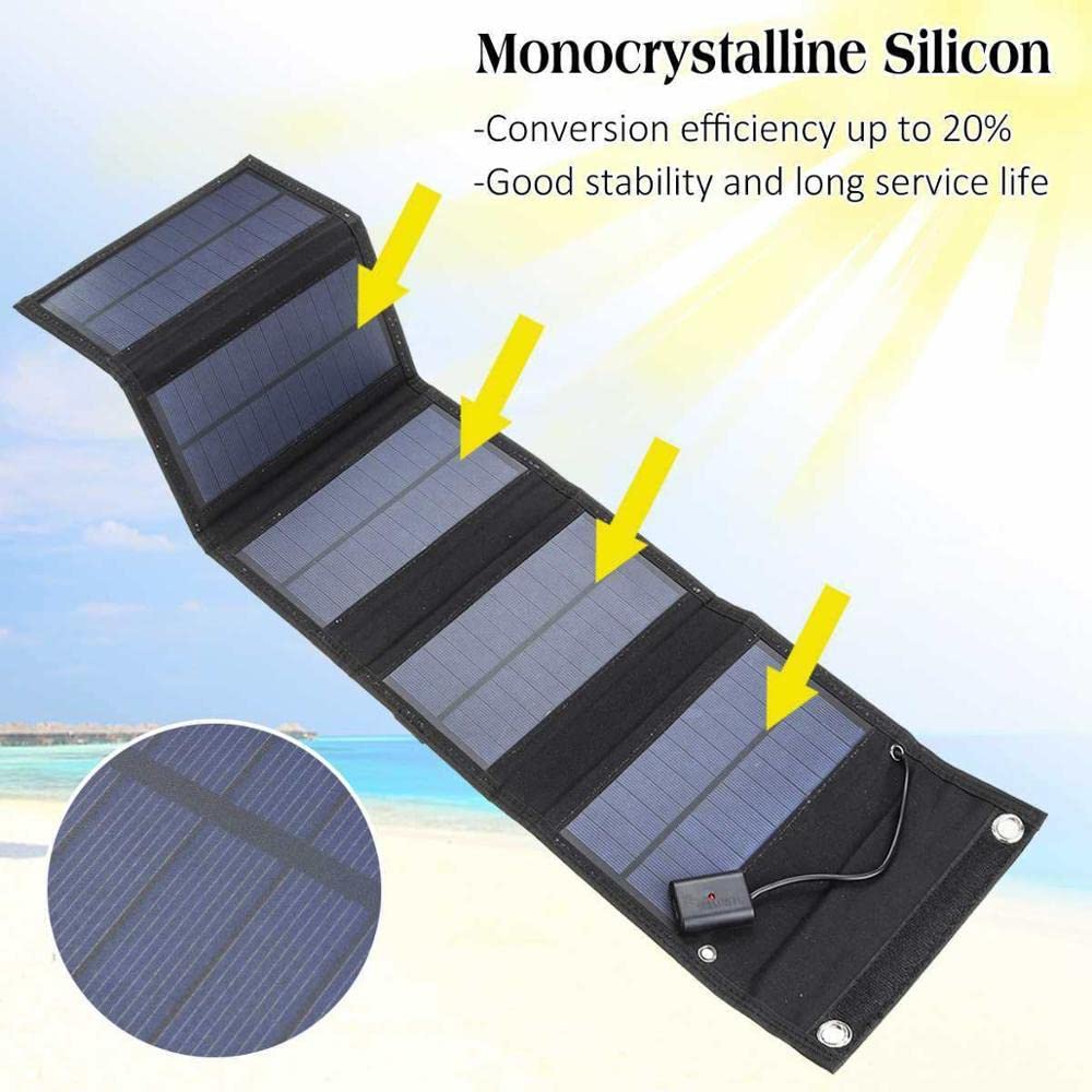 Caricatore Solare Pieghevole, Pannello Solare Pieghevole Kit Caricatore Solare Esterno Portatile da 70 W con Doppia Porta USB Uscita CC, 5 Pannelli