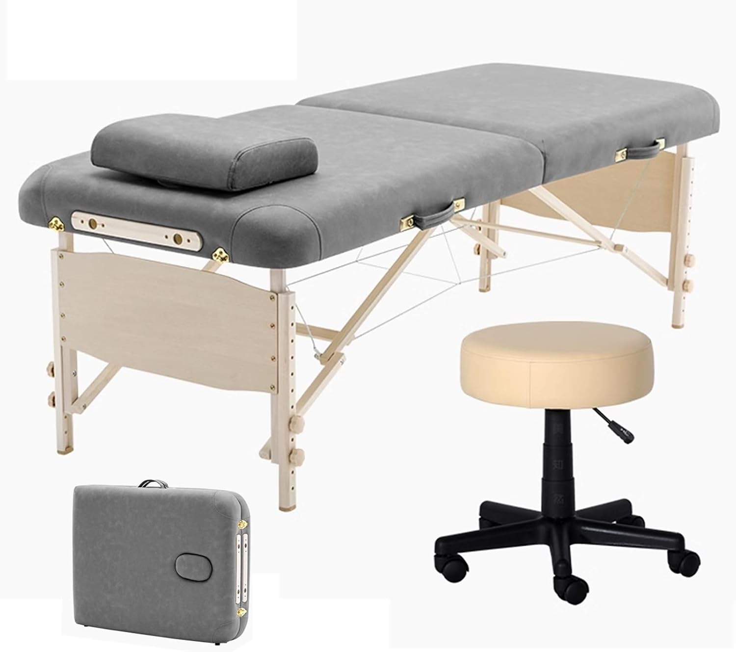 Portable Massage Table - Foldable Solid Wood Frame, Adjustable Height Esthetician Bed, Tattoo Table with Headrest & Stool, Includes Cover (Blue) - Ideal for Professionals
